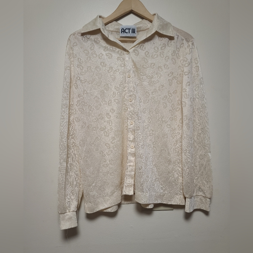 Vintage Act III sheer leapord print shirt cream size medium